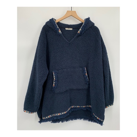 NATURAL LIFE Tops - Natural Life Sweater Womens One Size Navy Blue Teddy Fleece Fringe Trim Boho